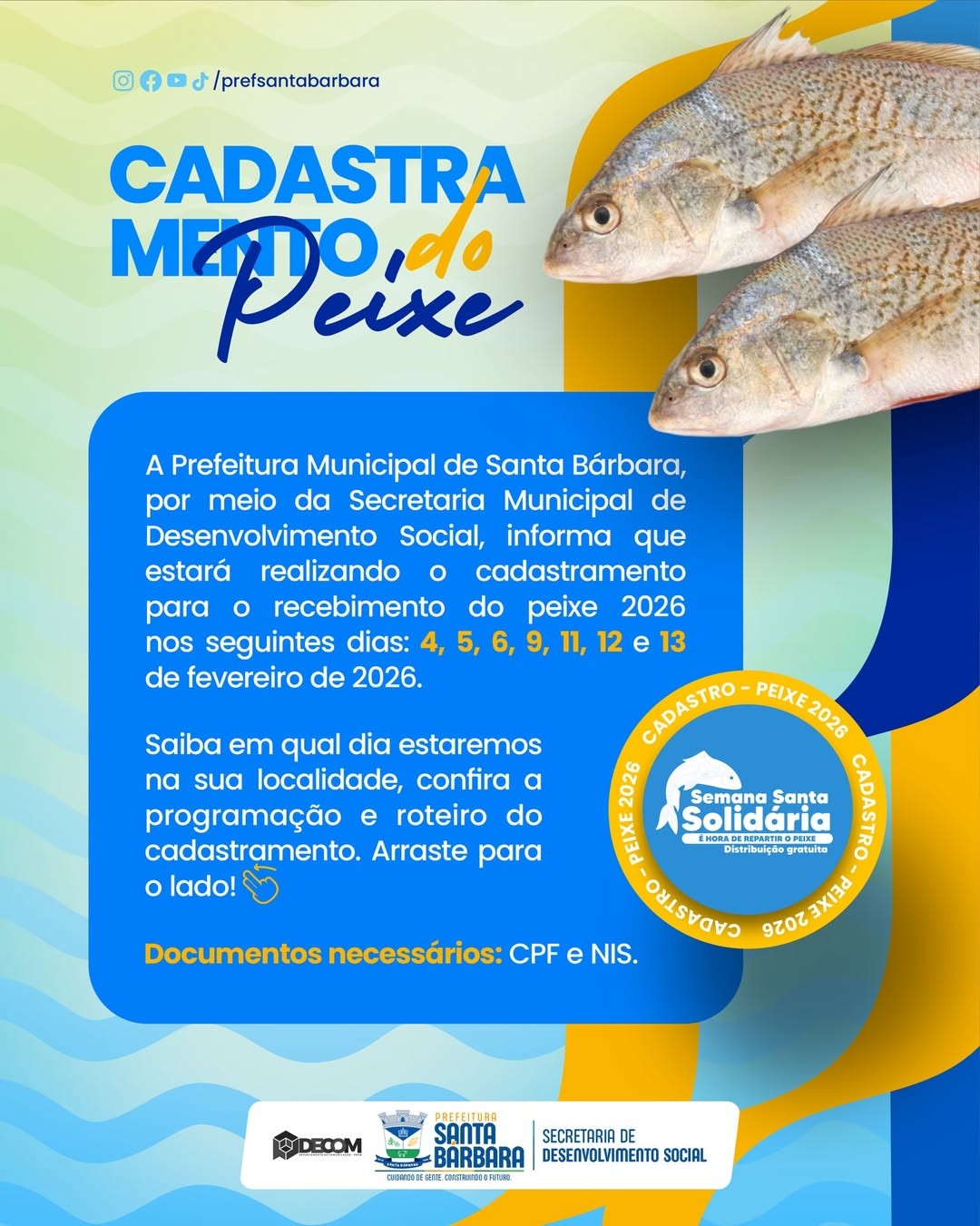 Cadastramento para recebimento do peixe 2026.